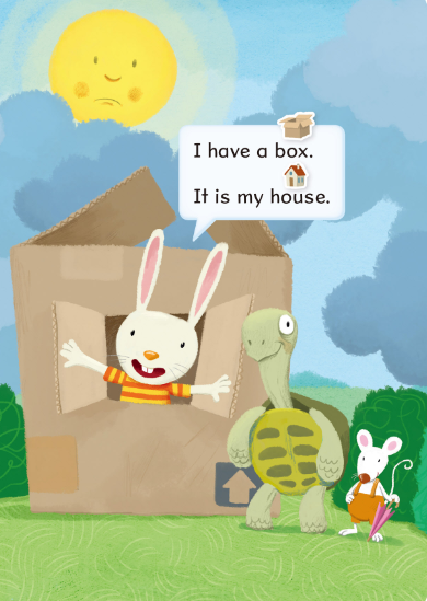 情境插图：小动物与箱子，学习句型 I have a box. It is my house.