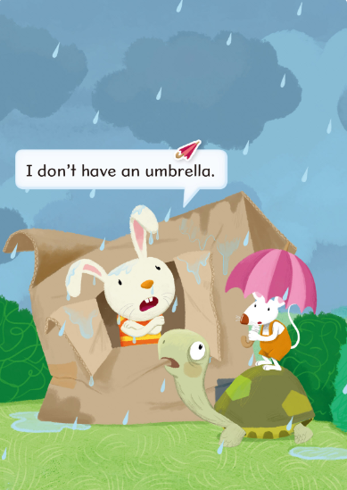 情境插图：雨天场景，学习句型 I don't have an umbrella.