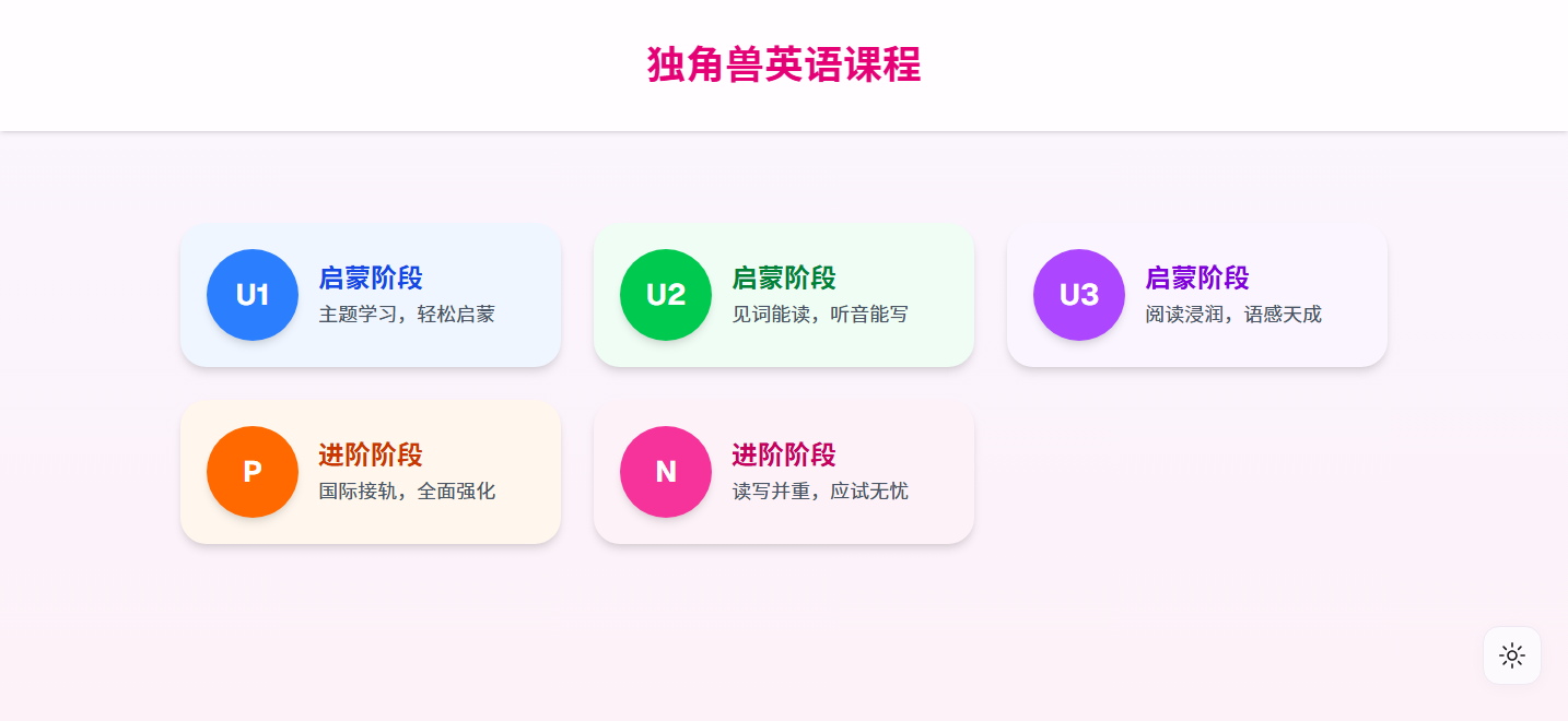 独角兽英语应用首页：学习模块与进度入口